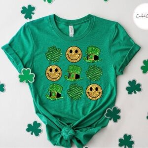 Vibrant Green Short Sleeve Tee with Yellow Smiley and Shamrock Design